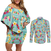Hawaiian Leis Couples Matching Off Shoulder Short Dress and Long Sleeve Button Shirt Kakau Tattoos and Palaka Pastel Teal Color LT03 Teal - Polynesian Pride