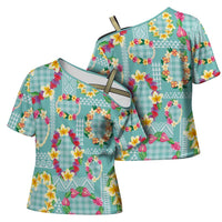 Hawaiian Leis Cross Shoulder Shirt Kakau Tattoos and Palaka Pastel Teal Color