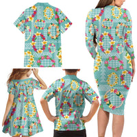 Hawaiian Leis Family Matching Long Sleeve Bodycon Dress and Hawaiian Shirt Kakau Tattoos and Palaka Pastel Teal Color LT03 - Polynesian Pride