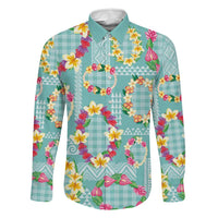 Hawaiian Leis Family Matching Long Sleeve Bodycon Dress and Hawaiian Shirt Kakau Tattoos and Palaka Pastel Teal Color LT03 Dad's Shirt - Long Sleeve Teal - Polynesian Pride