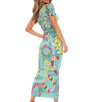 Hawaiian Leis Family Matching Short Sleeve Bodycon Dress and Hawaiian Shirt Kakau Tattoos and Palaka Pastel Teal Color LT03 - Polynesian Pride