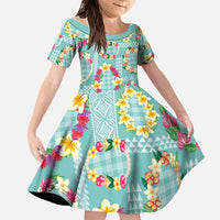 Hawaiian Leis Family Matching Tank Maxi Dress and Hawaiian Shirt Kakau Tattoos and Palaka Pastel Teal Color LT03 Daughter's Dress Teal - Polynesian Pride