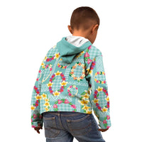 Hawaiian Leis Kid Hoodie Kakau Tattoos and Palaka Pastel Teal Color LT03 - Polynesian Pride