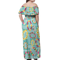 Hawaiian Leis Off Shoulder Maxi Dress Kakau Tattoos and Palaka Pastel Teal Color