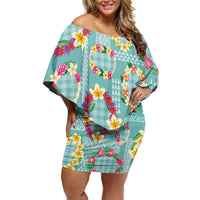 Hawaiian Leis Off Shoulder Short Dress Kakau Tattoos and Palaka Pastel Teal Color LT03 Women Teal - Polynesian Pride