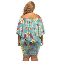 Hawaiian Leis Off Shoulder Short Dress Kakau Tattoos and Palaka Pastel Teal Color LT03 - Polynesian Pride