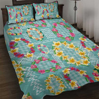 Hawaiian Leis Quilt Bed Set Kakau Tattoos and Palaka Pastel Teal Color