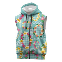 Hawaiian Leis Sleeveless Zip Hoodie Kakau Tattoos and Palaka Pastel Teal Color LT03 Teal - Polynesian Pride