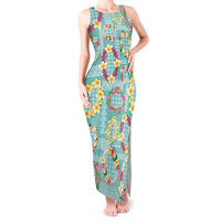 Hawaiian Leis Tank Maxi Dress Kakau Tattoos and Palaka Pastel Teal Color LT03 Women Teal - Polynesian Pride