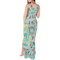 Hawaiian Leis Tank Maxi Dress Kakau Tattoos and Palaka Pastel Teal Color LT03 - Polynesian Pride