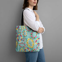 Hawaiian Leis Tote Bag Kakau Tattoos and Palaka Pastel Teal Color