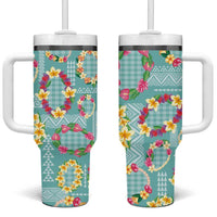 Hawaiian Leis Tumbler With Handle Kakau Tattoos and Palaka Pastel Teal Color