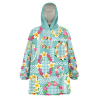 Hawaiian Leis Wearable Blanket Hoodie Kakau Tattoos and Palaka Pastel Teal Color LT03 One Size Teal - Polynesian Pride
