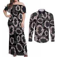 Hawaiian Leis Couples Matching Off Shoulder Maxi Dress and Long Sleeve Button Shirt Kakau Tattoos and Palaka Pastel Grayscale LT03 Black - Polynesian Pride