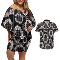 Hawaiian Leis Couples Matching Off Shoulder Short Dress and Hawaiian Shirt Kakau Tattoos and Palaka Pastel Grayscale LT03 Black - Polynesian Pride