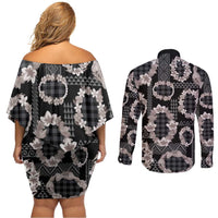 Hawaiian Leis Couples Matching Off Shoulder Short Dress and Long Sleeve Button Shirt Kakau Tattoos and Palaka Pastel Grayscale LT03 - Polynesian Pride