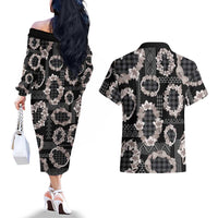 Hawaiian Leis Couples Matching Off The Shoulder Long Sleeve Dress and Hawaiian Shirt Kakau Tattoos and Palaka Pastel Grayscale