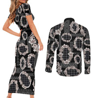Hawaiian Leis Couples Matching Short Sleeve Bodycon Dress and Long Sleeve Button Shirt Kakau Tattoos and Palaka Pastel Grayscale LT03 - Polynesian Pride