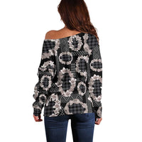 Hawaiian Leis Off Shoulder Sweater Kakau Tattoos and Palaka Pastel Grayscale