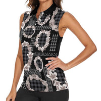 Hawaiian Leis Women Sleeveless Polo Shirt Kakau Tattoos and Palaka Pastel Grayscale LT03 - Polynesian Pride