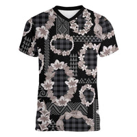 Hawaiian Leis Women V-Neck T-Shirt Kakau Tattoos and Palaka Pastel Grayscale LT03 Female Black - Polynesian Pride