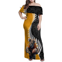 New Zealand and Australia Rugby Family Matching Off Shoulder Maxi Dress and Hawaiian Shirt Koala and Maori Warrior Together LT03 Mom's Dress Black - Polynesian Pride