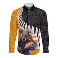 New Zealand and Australia Rugby Long Sleeve Button Shirt Koala and Maori Warrior Together LT03 Unisex Black - Polynesian Pride