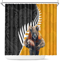 New Zealand and Australia Rugby Shower Curtain Koala and Maori Warrior Together LT03 Black - Polynesian Pride