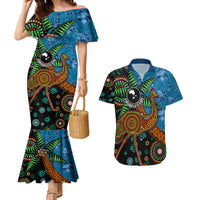 Fiji and Australia Couples Matching Mermaid Dress and Hawaiian Shirt Palm Tree and Abogirinal Emu LT03 Blue - Polynesian Pride