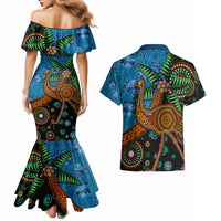 Fiji and Australia Couples Matching Mermaid Dress and Hawaiian Shirt Palm Tree and Abogirinal Emu LT03 - Polynesian Pride