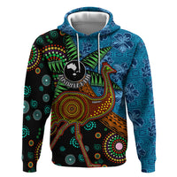 Fiji and Australia Hoodie Palm Tree and Abogirinal Emu LT03 Pullover Hoodie Blue - Polynesian Pride