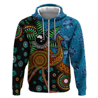 Fiji and Australia Hoodie Palm Tree and Abogirinal Emu LT03 Zip Hoodie Blue - Polynesian Pride