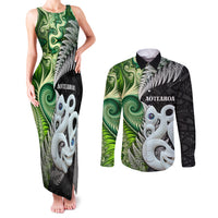 New Zealand Koru Natural Couples Matching Tank Maxi Dress and Long Sleeve Button Shirt Manaia and Silver Fern Maori Pattern LT03 Black - Polynesian Pride