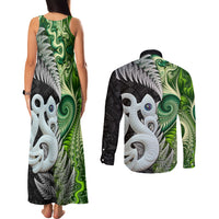 New Zealand Koru Natural Couples Matching Tank Maxi Dress and Long Sleeve Button Shirt Manaia and Silver Fern Maori Pattern LT03 - Polynesian Pride