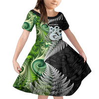 New Zealand Koru Natural Family Matching Mermaid Dress and Hawaiian Shirt Manaia and Silver Fern Maori Pattern LT03 Daughter's Dress Black - Polynesian Pride