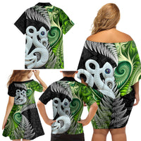 New Zealand Koru Natural Family Matching Off Shoulder Short Dress and Hawaiian Shirt Manaia and Silver Fern Maori Pattern LT03 - Polynesian Pride
