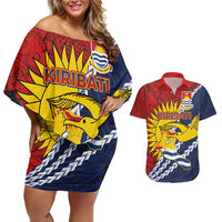 Kiribati Independence Day Couples Matching Off Shoulder Short Dress and Hawaiian Shirt Polynesian and Melanesian Art Tattoo
