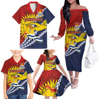 Kiribati Independence Day Family Matching Off The Shoulder Long Sleeve Dress and Hawaiian Shirt Polynesian and Melanesian Art Tattoo