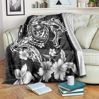 Guam Dolphins Tribal Tattoo Blanket Polynesian Art and Tropical Flower Grayscale