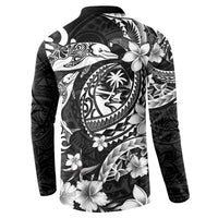 Guam Dolphins Tribal Tattoo Button Sweatshirt Polynesian Art and Tropical Flower Grayscale