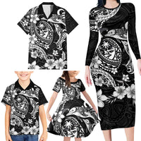 Guam Dolphins Tribal Tattoo Family Matching Long Sleeve Bodycon Dress and Hawaiian Shirt Polynesian Art and Tropical Flower Grayscale