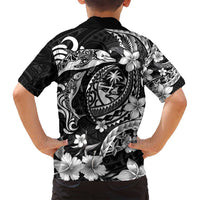 Guam Dolphins Tribal Tattoo Family Matching Off Shoulder Short Dress and Hawaiian Shirt Polynesian Art and Tropical Flower Grayscale