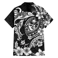 Guam Dolphins Tribal Tattoo Family Matching Off Shoulder Short Dress and Hawaiian Shirt Polynesian Art and Tropical Flower Grayscale