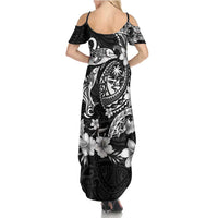 Guam Dolphins Tribal Tattoo Family Matching Summer Maxi Dress and Hawaiian Shirt Polynesian Art and Tropical Flower Grayscale