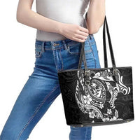 Guam Dolphins Tribal Tattoo Leather Tote Bag Polynesian Art and Tropical Flower Grayscale