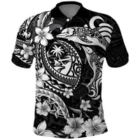 Guam Dolphins Tribal Tattoo Polo Shirt Polynesian Art and Tropical Flower Grayscale