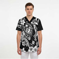 Guam Dolphins Tribal Tattoo Scrub Top Polynesian Art and Tropical Flower Grayscale - Polynesian Pride