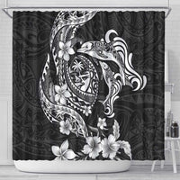 Guam Dolphins Tribal Tattoo Shower Curtain Polynesian Art and Tropical Flower Grayscale