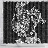 Guam Dolphins Tribal Tattoo Shower Curtain Polynesian Art and Tropical Flower Grayscale