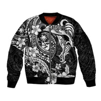 Guam Dolphins Tribal Tattoo Sleeve Zip Bomber Jacket Polynesian Art and Tropical Flower Grayscale